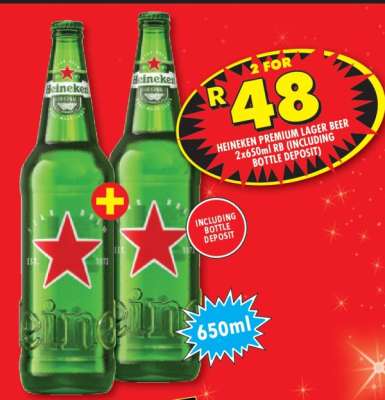 HEINEKEN PREMIUM LAGER BEER 2x650ml RB (INCLUDING BOTTLE DEPOSIT)
