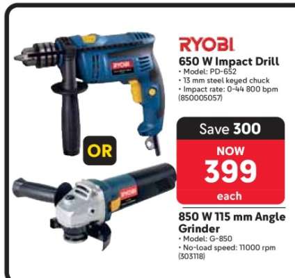 RYOBI 650 W Impact Drill or 850 W 115 mm Angle Grinder