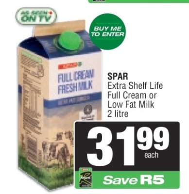 SPAR Extra Shelf Life Full Cream or Low Fat Milk 2 litre