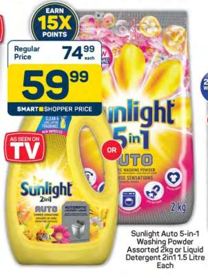 Sunlight Auto 5-in-1 Washing Powder Assorted 2kg or Liquid Detergent 2in1 1.5 Litre Each