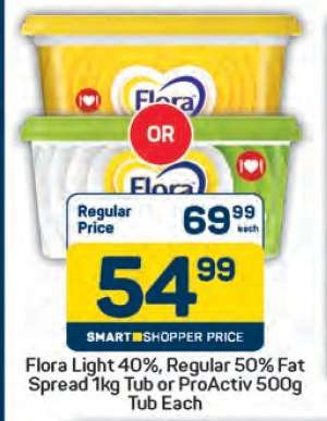 Flora Light 40%, Regular 50% Fat Spread 1kg Tub or ProActiv 500g Tub Each