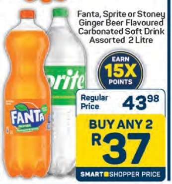 Fanta, Sprite or Stoney Ginger Beer Flavoured Carbonated Soft Drink Assorted 2 Litre