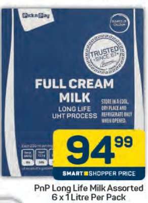 PnP Long Life Milk Assorted 6 x 1 Litre Per Pack