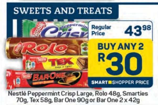Nestlé Peppermint Crisp Large, Rolo 48g, Smarties 70g, Tex 58g, Bar One 90g or Bar One 2 x 42g