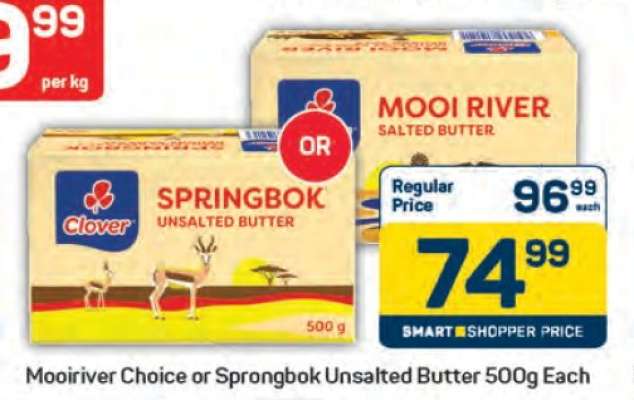 Mooiriver Choice or Sprongbok Unsalted Butter 500g Each