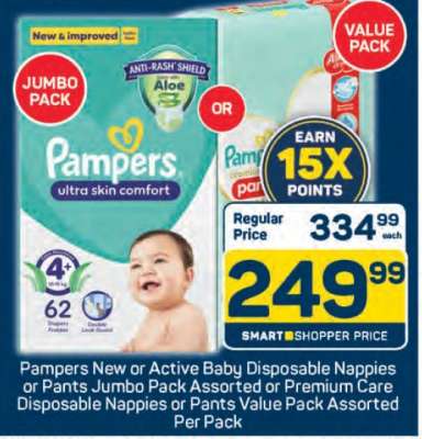 Pampers New or Active Baby Disposable Nappies or Pants Jumbo Pack Assorted or Premium Care Disposable Nappies or Pants Value Pack Assorted Per Pack