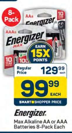 Energizer Max Alkaline AA or AAA Batteries 8-Pack Each