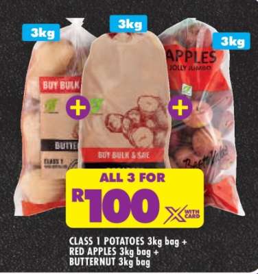 CLASS 1 POTATOES 3kg bag + RED APPLES 3kg bag + BUTTERNUT 3kg bag