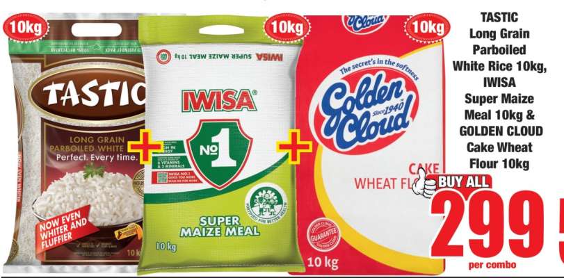 TASTIC Long Grain Parboiled White Rice 10kg, IWISA Super Maize Meal 10kg & GOLDEN CLOUD Cake Wheat Flour 10kg