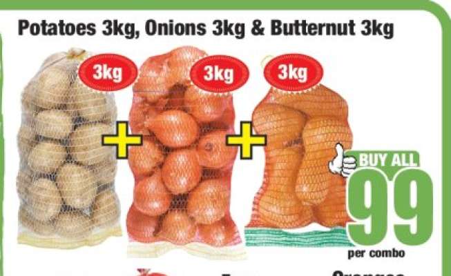 Potatoes 3kg, Onions 3kg & Butternut 3kg