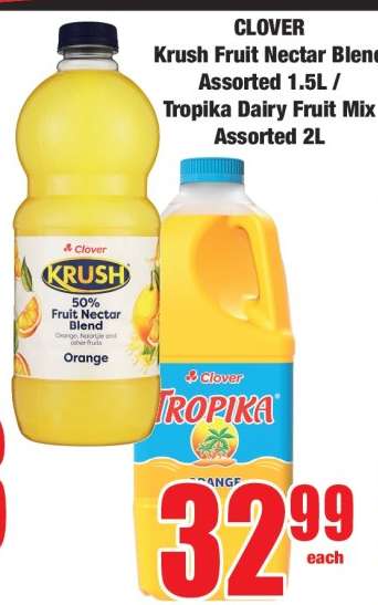 CLOVER Krush Fruit Nectar Blend Assorted 1.5L / Tropika Dairy Fruit Mix Assorted 2L