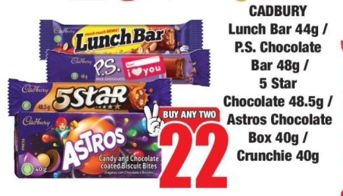 CADBURY Lunch Bar 44g / P.S. Chocolate Bar 48g / 5 Star Chocolate 48.5g / Astros Chocolate Box 40g / Crunchie 40g