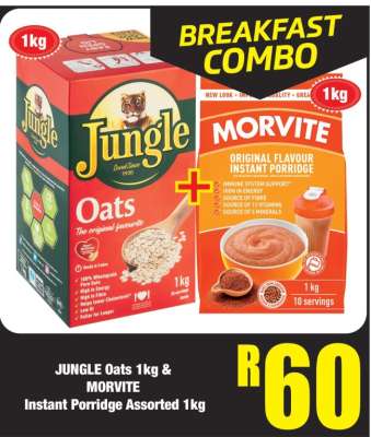 JUNGLE Oats 1kg & MORVITE Instant Porridge Assorted 1kg