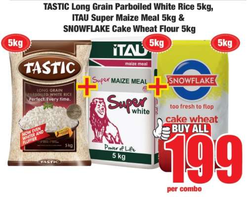 TASTIC Long Grain Parboiled White Rice 5kg, ITAU Super Maize Meal 5kg & SNOWFLAKE Cake Wheat Flour 5kg