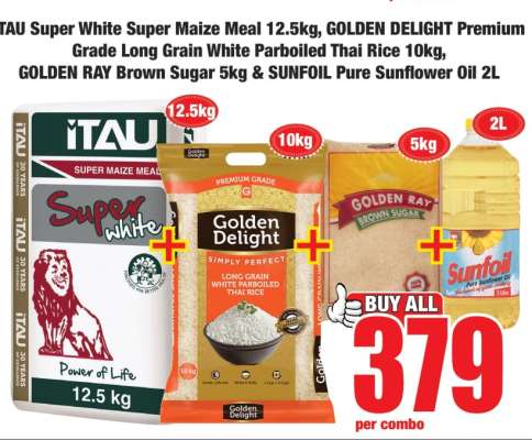 ITAU Super White Super Maize Meal 12.5kg, GOLDEN DELIGHT Premium Grade Long Grain White Parboiled Thai Rice 10kg, GOLDEN RAY Brown Sugar 5kg & SUNFOIL Pure Sunflower Oil 2L