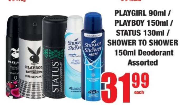 PLAYGIRL 90ml / PLAYBOY 150ml / STATUS 130ml / SHOWER TO SHOWER 150ml Deodorant Assorted