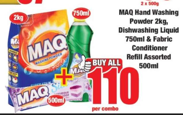 MAQ Hand Washing Powder 2kg, Dishwashing Liquid 750ml & Fabric Conditioner Refill Assorted 500ml