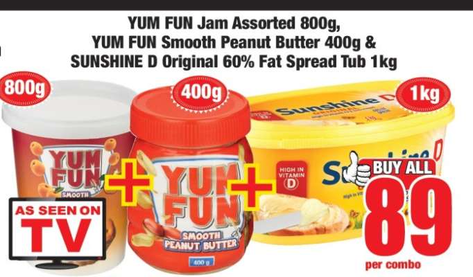 YUM FUN Jam Assorted 800g, YUM FUN Smooth Peanut Butter 400g & SUNSHINE D Original 60% Fat Spread Tub 1kg
