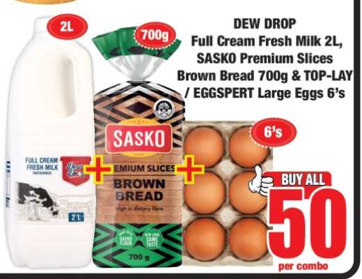 DEW DROP Full Cream Fresh Milk 2L, SASKO Premium Slices Brown Bread 700g & TOP-LAY / EGGSPERT Large Eggs 6's