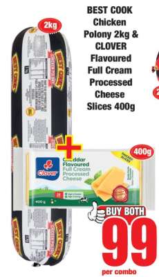 BEST COOK Chicken Polony 2kg & CLOVER Flavoured Full Cream Processed Cheese Slices 400g