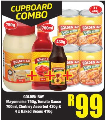 GOLDEN RAY Mayonnaise 750g, Tomato Sauce 700ml, Chutney Assorted 430g & 4 x Baked Beans 410g
