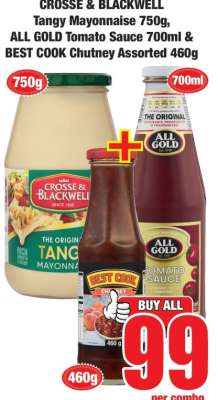 CROSSE & BLACKWELL Tangy Mayonnaise 750g, ALL GOLD Tomato Sauce 700ml & BEST COOK Chutney Assorted 460g