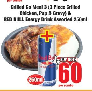 Grilled Go Meal 3 (3 Piece Grilled Chicken, Pap & Gravy) & RED BULL Energy Drink Assorted 250ml