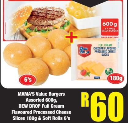 MAMA’S Value Burgers Assorted 600g, DEW DROP Full Cream Flavoured Processed Cheese Slices 180g & Soft Rolls 6’s