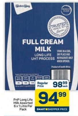 PnP Long Life Milk Assorted 6 x 1 Litre Per Pack