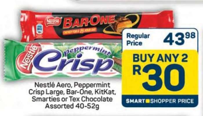 Nestlé Aero, Peppermint Crisp Large, Bar-One, KitKat, Smarties or Tex Chocolate