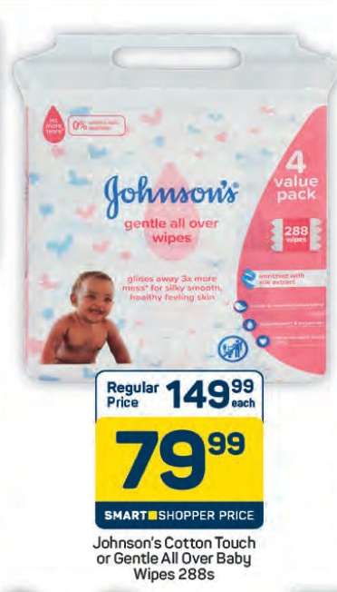 Johnson's Cotton Touch or Gentle All Over Baby Wipes 288s