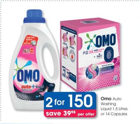 Omo Auto Washing Liquid 1.5 Litres or 14 Capsules