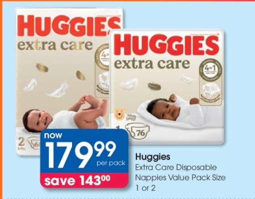 Huggies Extra Care Disposable Nappies Value Pack Size 1 or 2