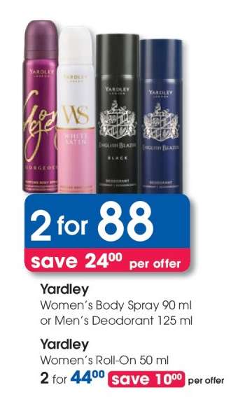 Yardley Women's Body Spray 90 ml or Men's Deodorant 125 ml