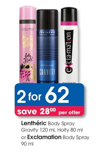 Lenthéric Body Spray Gravity 120 ml, Hoity 80 ml or Exclamation Body Spray 90 ml