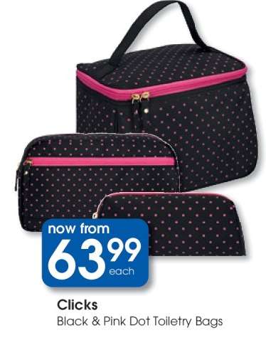 Clicks Black & Pink Dot Toiletry Bags
