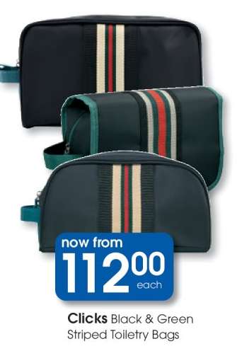 Clicks Black & Green Striped Toiletry Bags