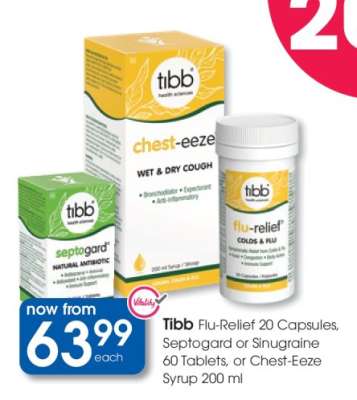 Tibb Flu-Relief 20 Capsules, Septogard or Sinugraine 60 Tablets, or Chest-Eeze Syrup 200 ml