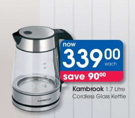 Kambrook 1.7 Litre Cordless Glass Kettle