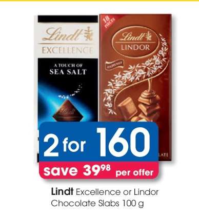 Lindt Excellence or Lindor Chocolate Slabs 100 g