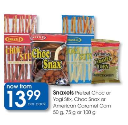 Snaxels Pretzel Choc or Yogi Stix, Choc Snax or American Caramel Corn