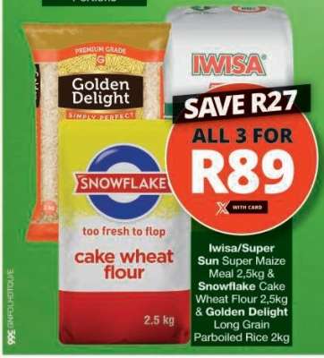 Iwisa/Super Sun Super Maize Meal 2.5kg & Snowflake Cake Wheat Flour 2.5kg & Golden Delight Long Grain Parboiled Rice 2kg