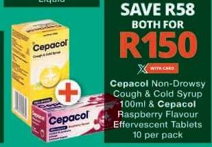 Cepacol Non-Drowsy Cough & Cold Syrup 100ml & Cepacol Raspberry Flavour Effervescent Tablets 10 per pack