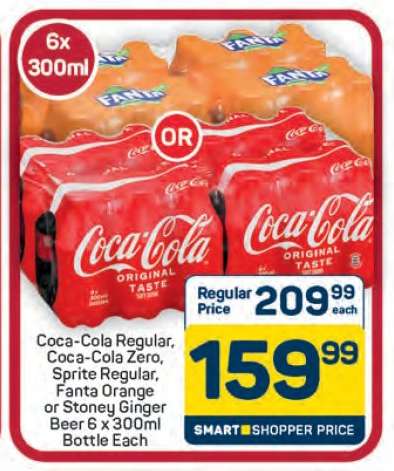 Coca-Cola Regular, Coca-Cola Zero, Sprite Regular, Fanta Orange or Stoney Ginger Beer 6 x 300ml