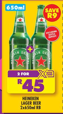 HEINEKEN LAGER BEER 2x650ml RB