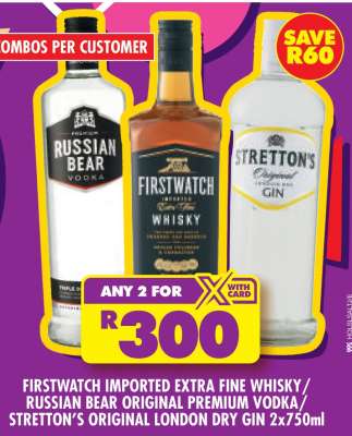 Firstwatch Imported Extra Fine Whisky / Russian Bear Original Premium Vodka / Stretton’s Original London Dry Gin 2x750ml