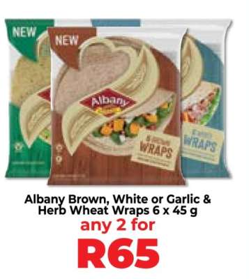 Albany Brown, White, or Garlic & Herb Wheat Wraps 6 x 45 g