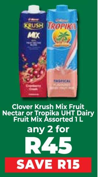 Clover Krush Mix Fruit Nectar or Tropika UHT Dairy Fruit Mix Assorted 1 L
