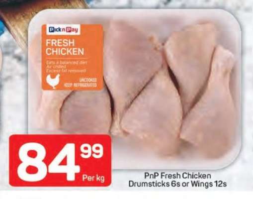 PnP Fresh Chicken Drumsticks 6s or Wings 12s