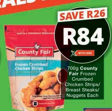 County Fair Frozen Crumbed Chicken Strips/Breast Steaks/Nuggets